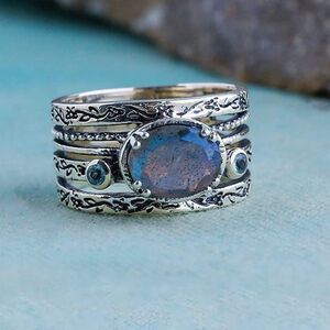 Vintage Natural Labradorite Swiss Blue Topaz 925 Sterling Silver Ring
